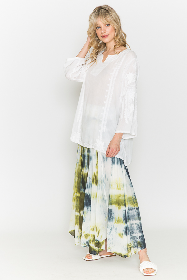 White Tunic With White Embroidery - Tie Dye Skirt - White- Olive